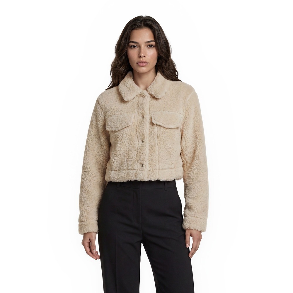 Love Tree Sherpa Trucker Jacket Women's Size Large Cream Cropped Faux‎ Fur